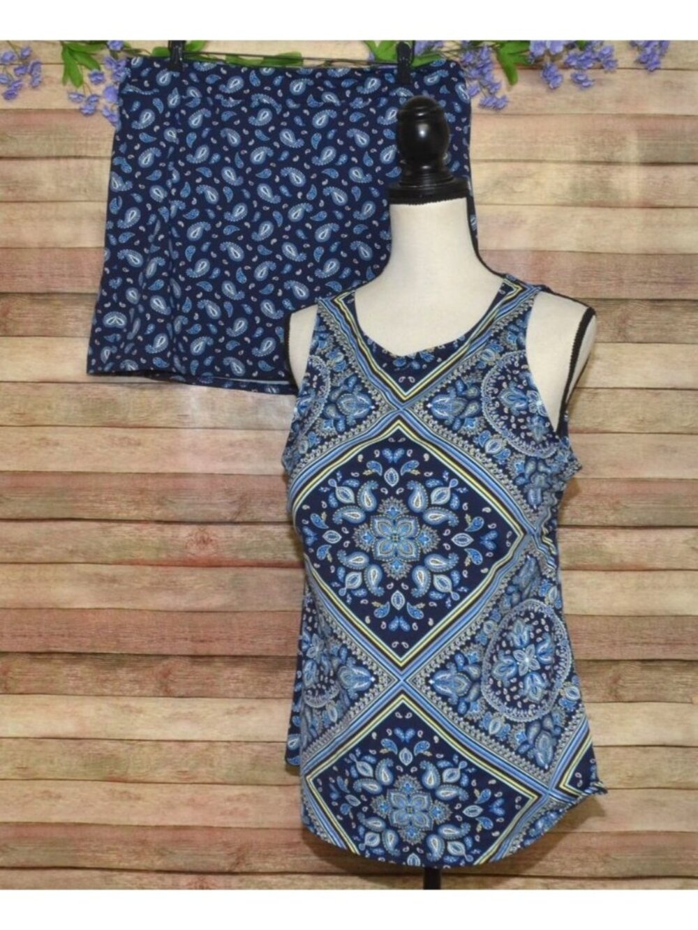 Lands' End High Neck Bandana Print Tankini Top & Skirt Set Swimsuit Size 16L Lon